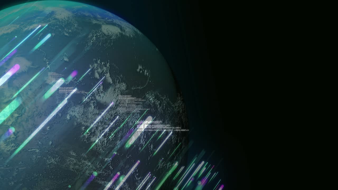 Earth sphere entering void, neon streaks sliding over 3D globe, code forming to visualize data flow