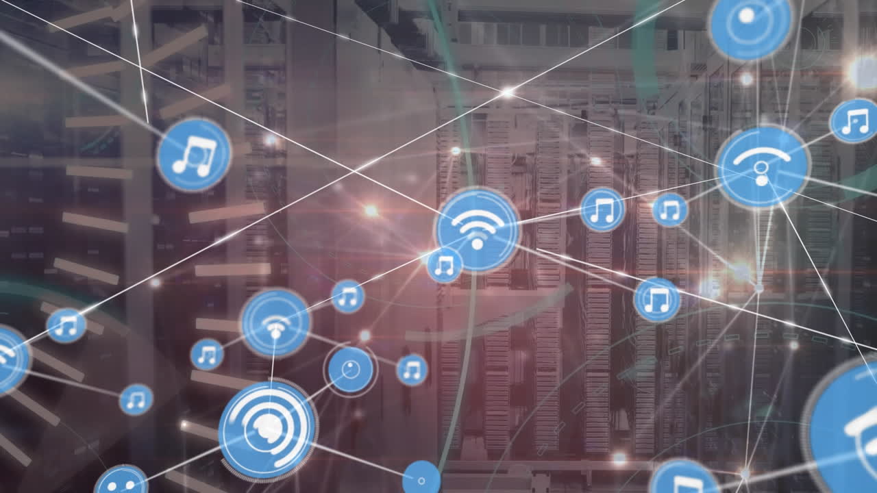 animación de la red de conexiones con iconos y procesamiento de datos sobre la sala de servidores