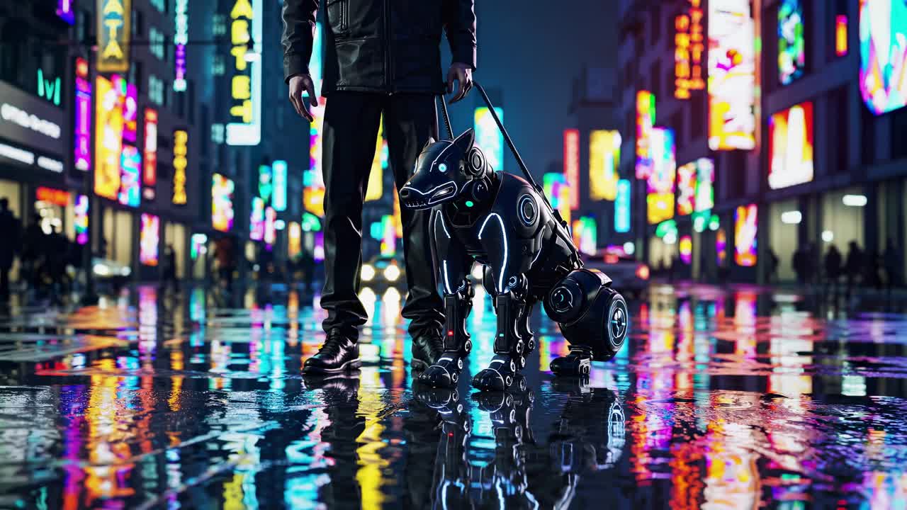 perro robot en una ciudad cyberpunk