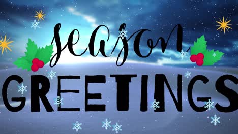 Animation-of-snowflakes-falling-over-seasons-greetings-text-banner-against-winter-landscape