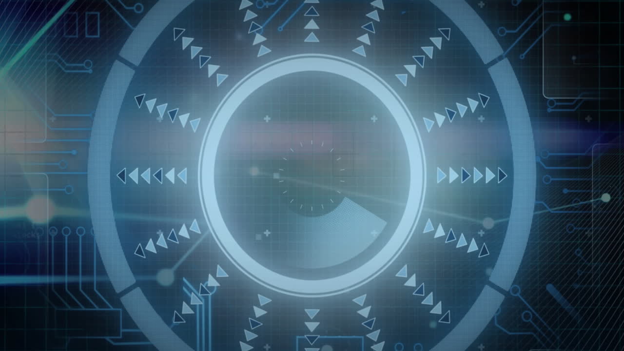 Futuristic technology animation with circular interface, arrows, and symbols