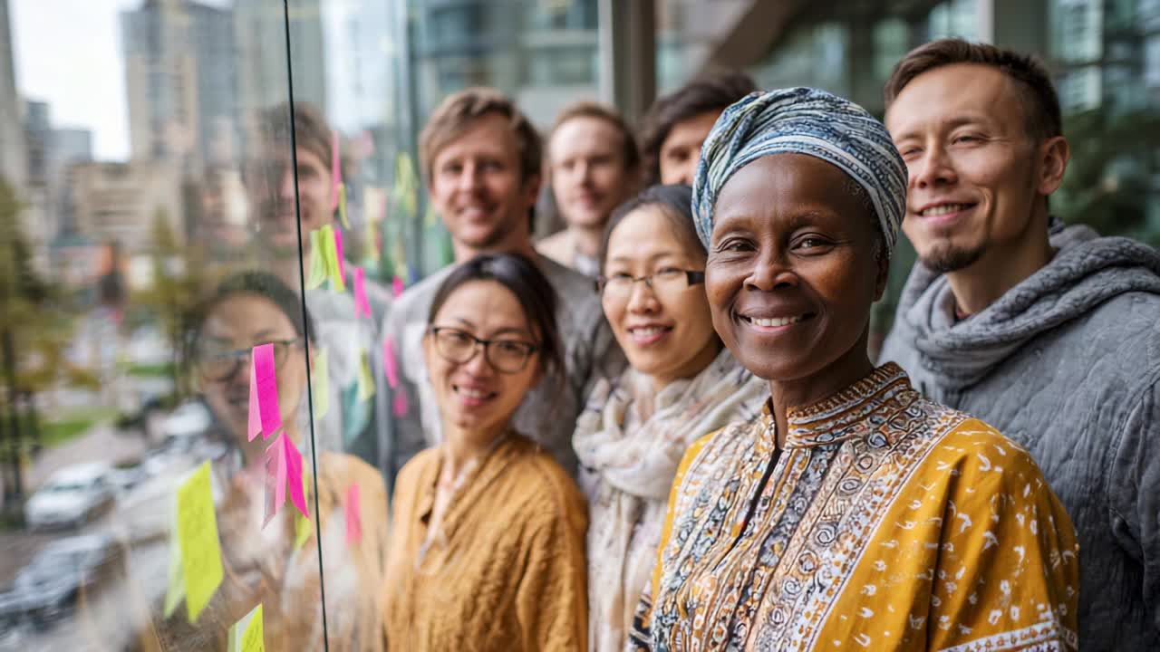 A Diverse Group of Individuals Smiling and Engaging Promoting Collaboration in an Office Space with Colorful Sticky Notes on Glass Panels Reflecting Creativity and Team Spirit