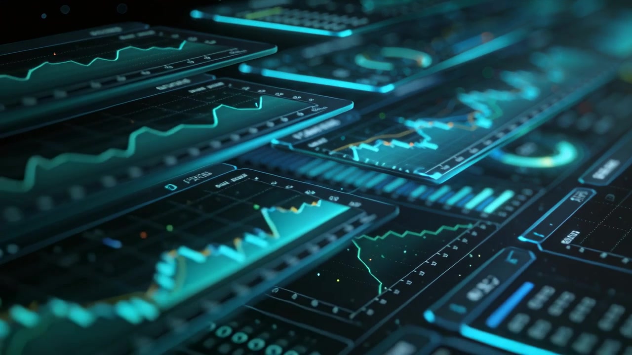 Tracking camera revealing multi-panel dashboard updating line graphs, showing live data