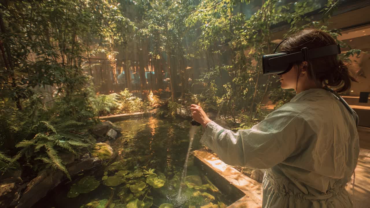 A Unique Experience of Virtual Reality Immersion in a Serene Garden, Where Nature Meets Technology, Capturing the Blend of Digital Interaction with Lush Greenery and a Tranquil Water Feature