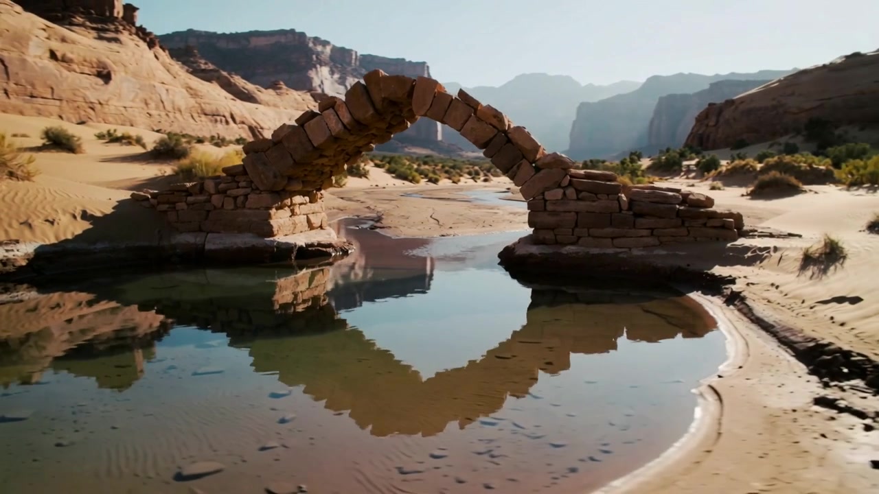 Telecamera in movimento che inizia frontalmente, rivelando un arco di pietra e una piscina in un canyon per mostrare la riva