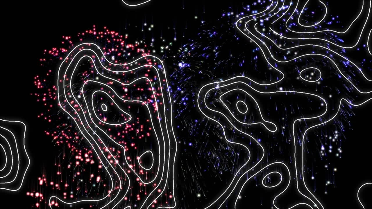 Animation of colourful multiple fireworks and shapes moving on black background