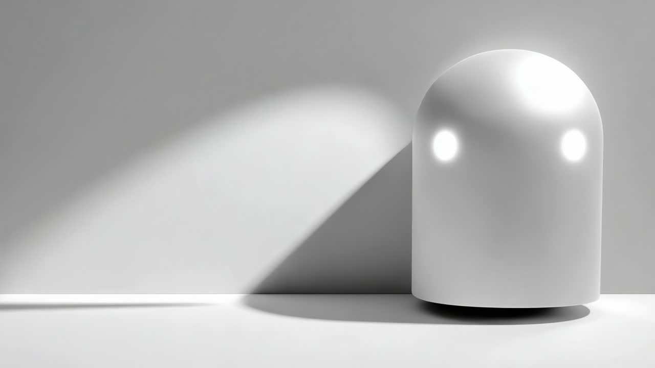 A Minimalistic White Robot with a Smooth Surface and Soft Glowing Eyes Standing Against a Plain Background, Casting Shadows That Enhance Its Simplistic Design and Aesthetic Appeal