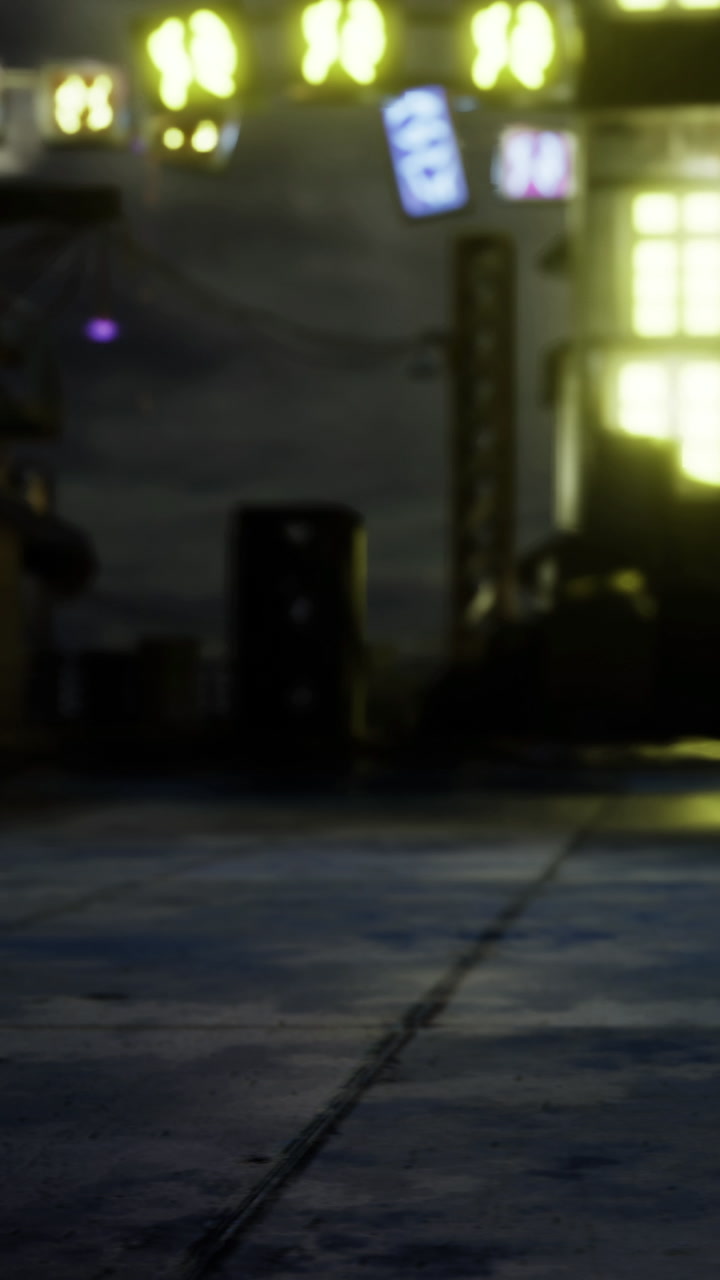 Urban night scene with glowing signs and empty street in a bustling city