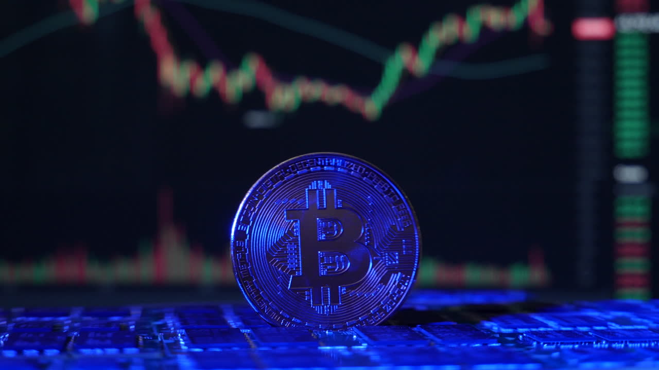 uma moeda criptográfica bitcoin btc girando em uma plataforma de mineração de chips de computador com gráficos de câmbio em segundo plano