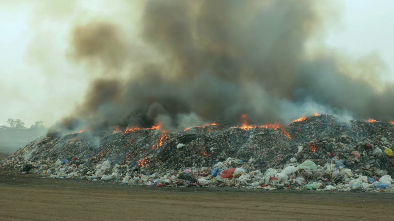 Burning Landfill Pile With Smoke, Flames Consuming Plastic And Trash, Thick Black Plumes Rising Into Hazy Sky,
