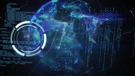 animation of round scanner, data processing and globe of plexus networks against black background
