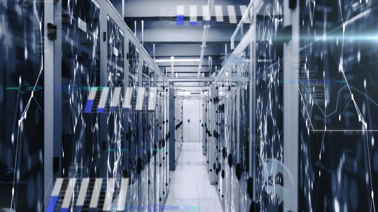animación del procesamiento de datos estadísticos y la red de conexiones contra la sala de servidores informáticos