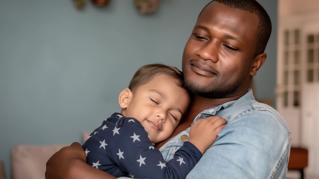 A loving father embraces his sleeping child