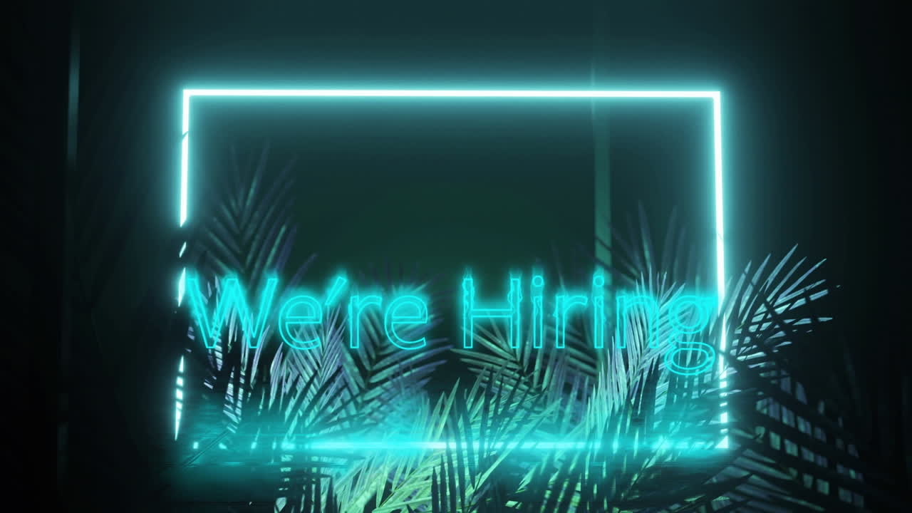 검은색 배경에 잎과 함께 파란색 네온으로 텍스트와 프레임을 고용하고 있습니다.