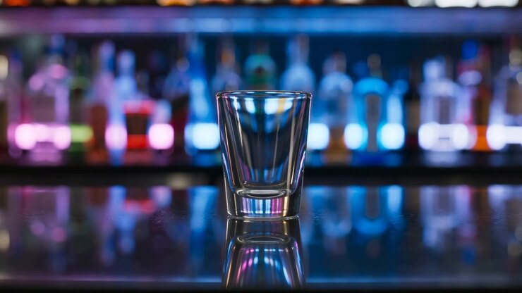 Un bicchiere da shot vuoto e trasparente è in piedi su un bancone da bar lucido con un forte riflesso a specchio, contorni interni visibili, dettagli nitidi del bordo, retroilluminazione al neon colorata e un'elegante atmosfera da locale notturno moderno.