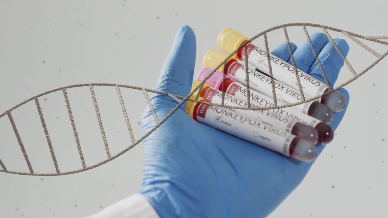 animación de una cadena de adn girando sobre la mano con tubos de ensayo con sangre en fondo blanco
