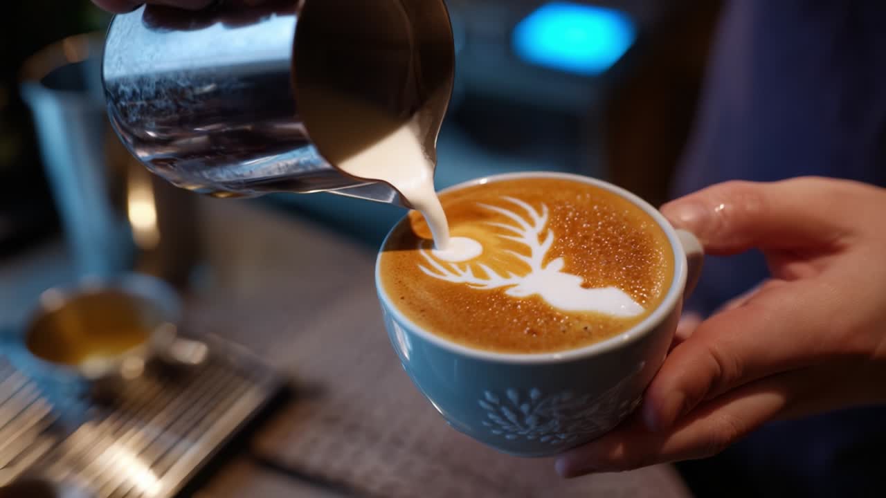 Delicious Coffee Art: A Skillful Barista Pouring Milk to Create an Intricate Deer Design on a Cup of Creamy Espresso, Capturing the Essence of Creativity and Craftsmanship in Every Pour