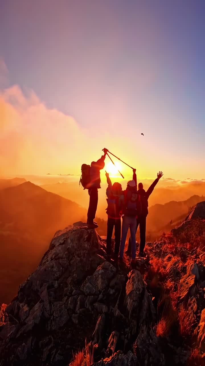 Escursionisti in silhouette festeggiano su una cima di montagna al tramonto, ripresi da un'angolazione bassa.