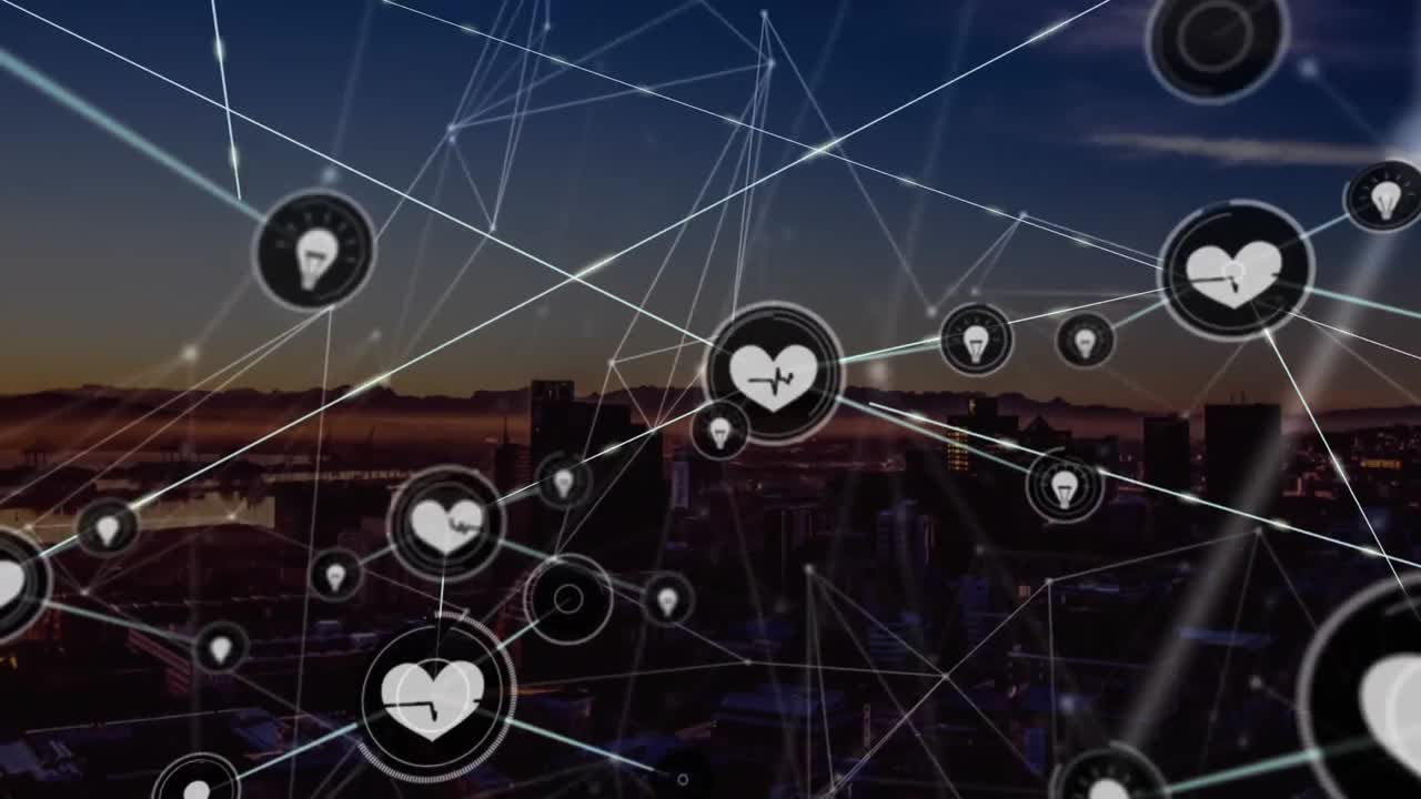animación de la red de conexiones con iconos sobre el paisaje urbano