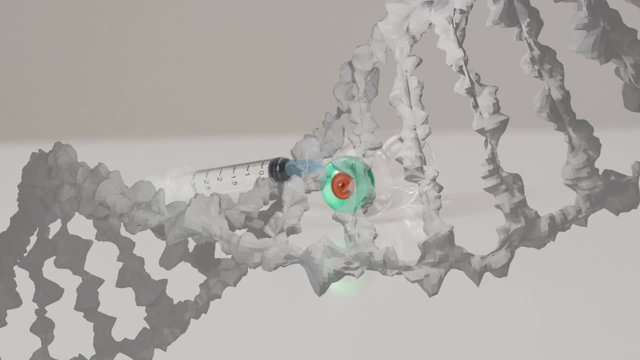 Animation of dna strand over vial and syringe on white background