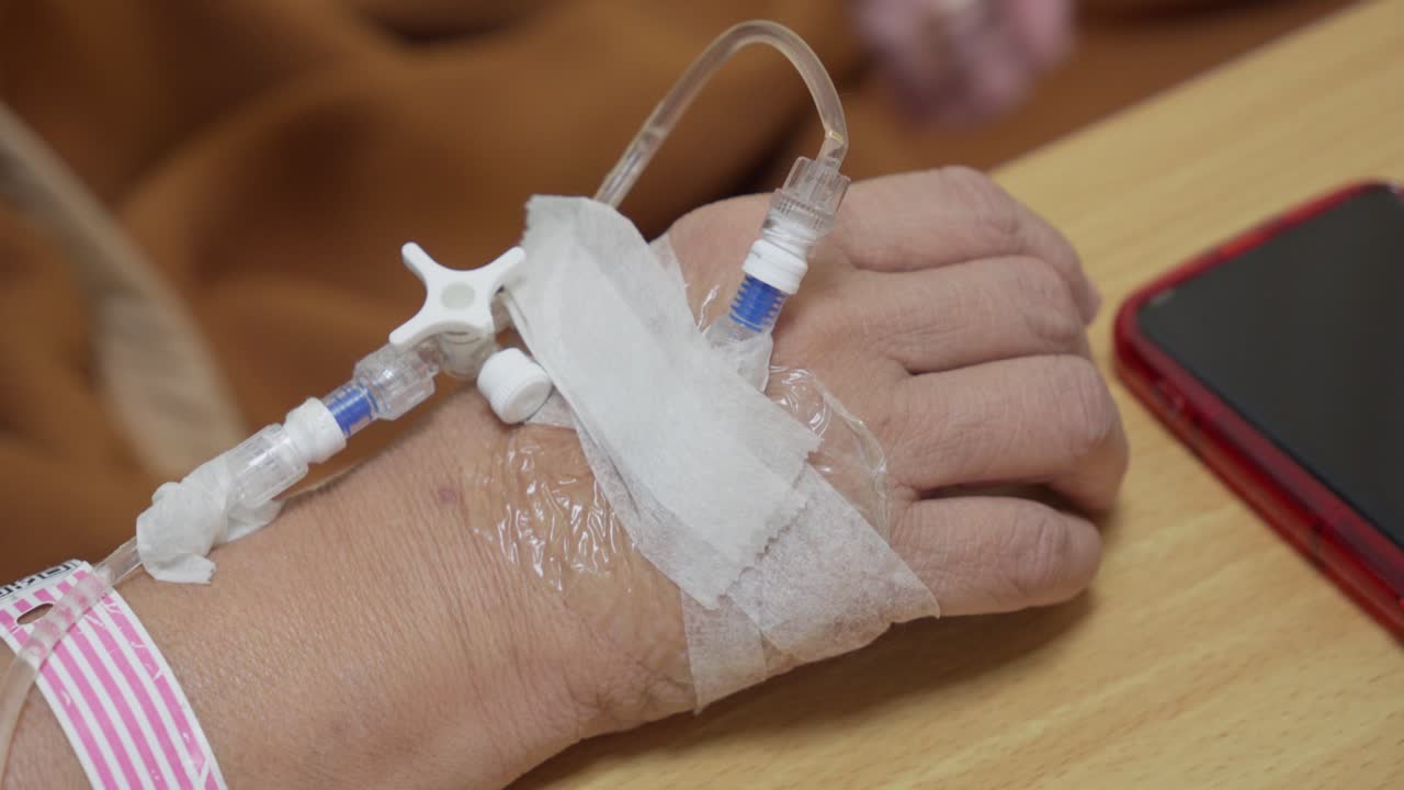 Close-Up Of Patient's Hand With iv Hand Intravenous Infusion, Medical Healthcare
