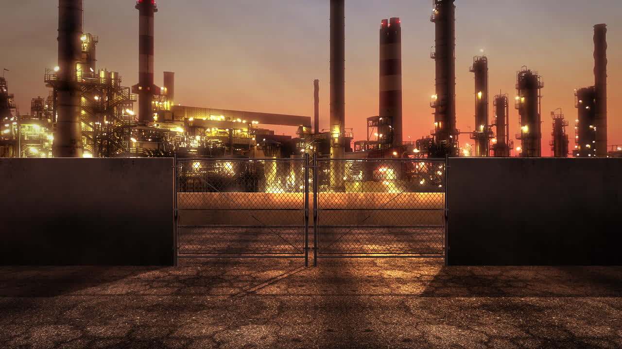 grandes tuberías de fábrica de la ciudad urbana en el día de verano al atardecer.