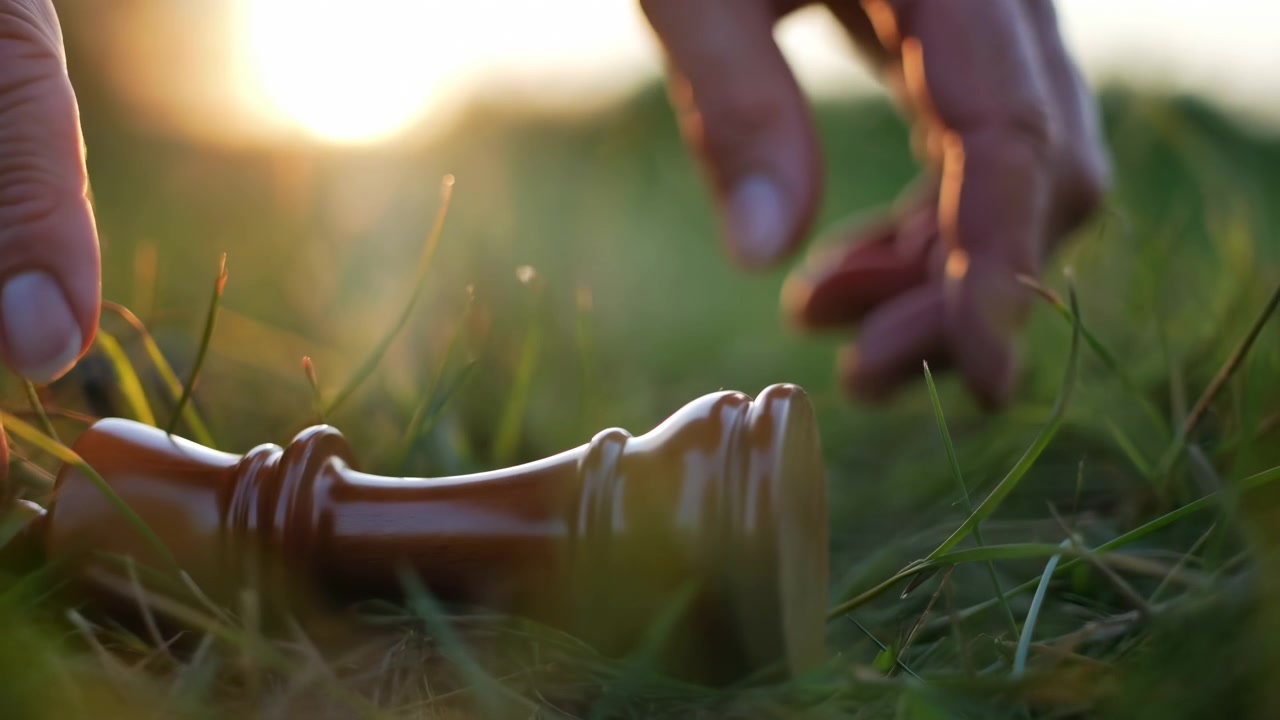 Eine frühe bis mittlere Sequenz zeigt eine Schachfigur, die von aufrecht zu gekippt wechselt und dann auf der Seite auf einem grasbewachsenen Feld liegt, mit warmem Sonnenuntergangslicht von der