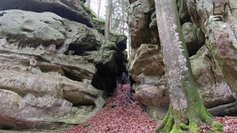 man standing between huge rock formations in mullerthal hiking trail in luxembourg - camera on front