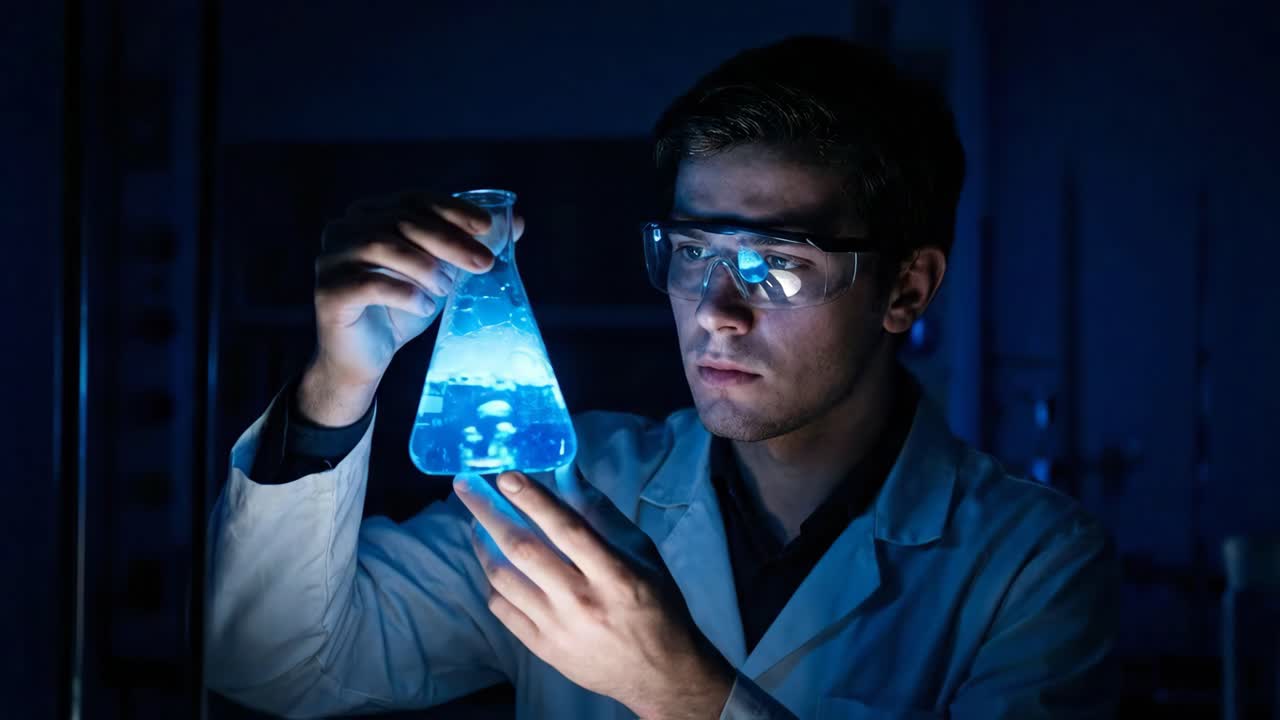 Scientist Examining Blue Liquid in Beaker