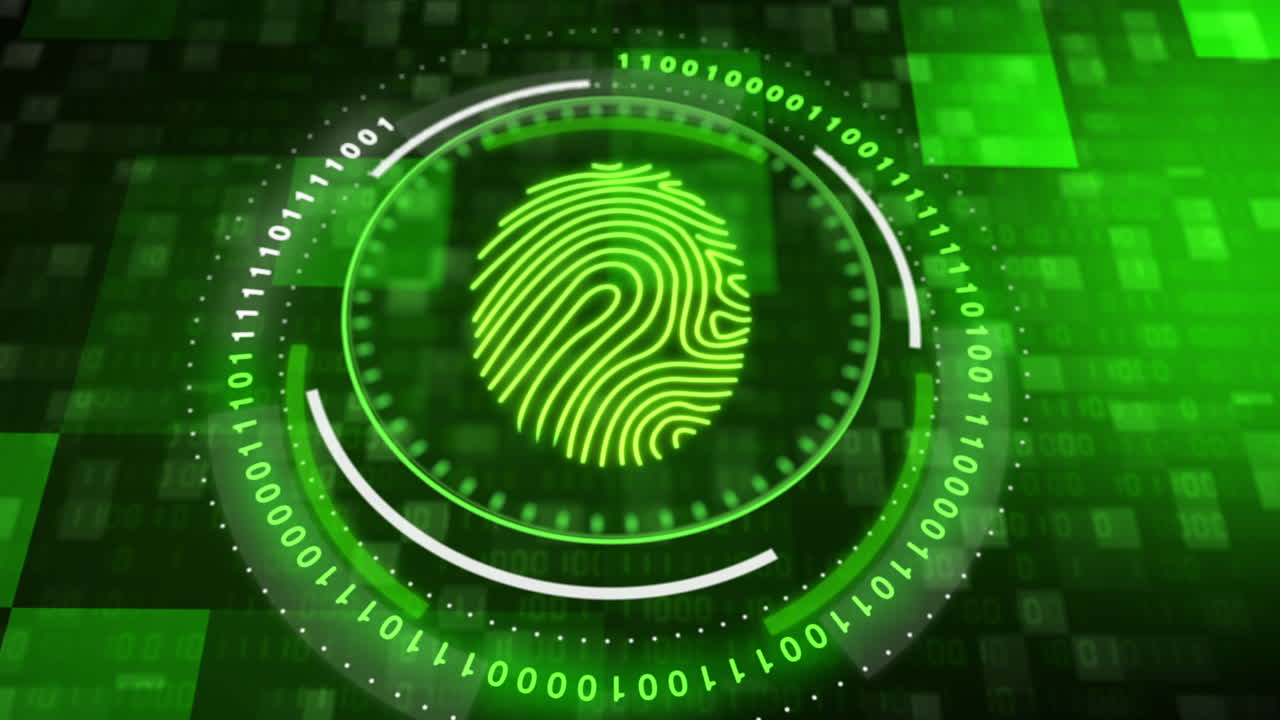 Fingerprint scanner on green background with binary code and blinking pixels. HUD rotating elements. Looped motion graphics. Concept of biometric data protection.