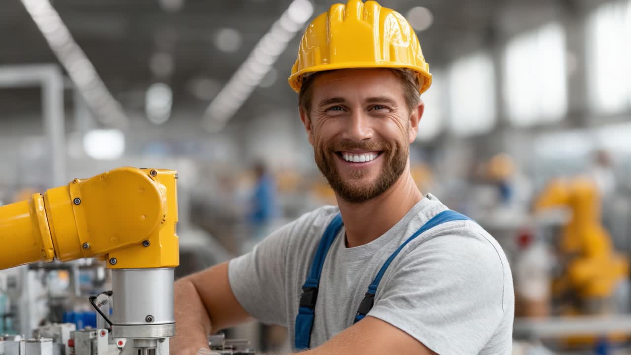 Un operaio sorridente con dispositivi di sicurezza in un impianto industriale che mostra tecnologia avanzata con attrezzature robotiche, enfatizzando la sicurezza e la professionalità nella moderna produzione