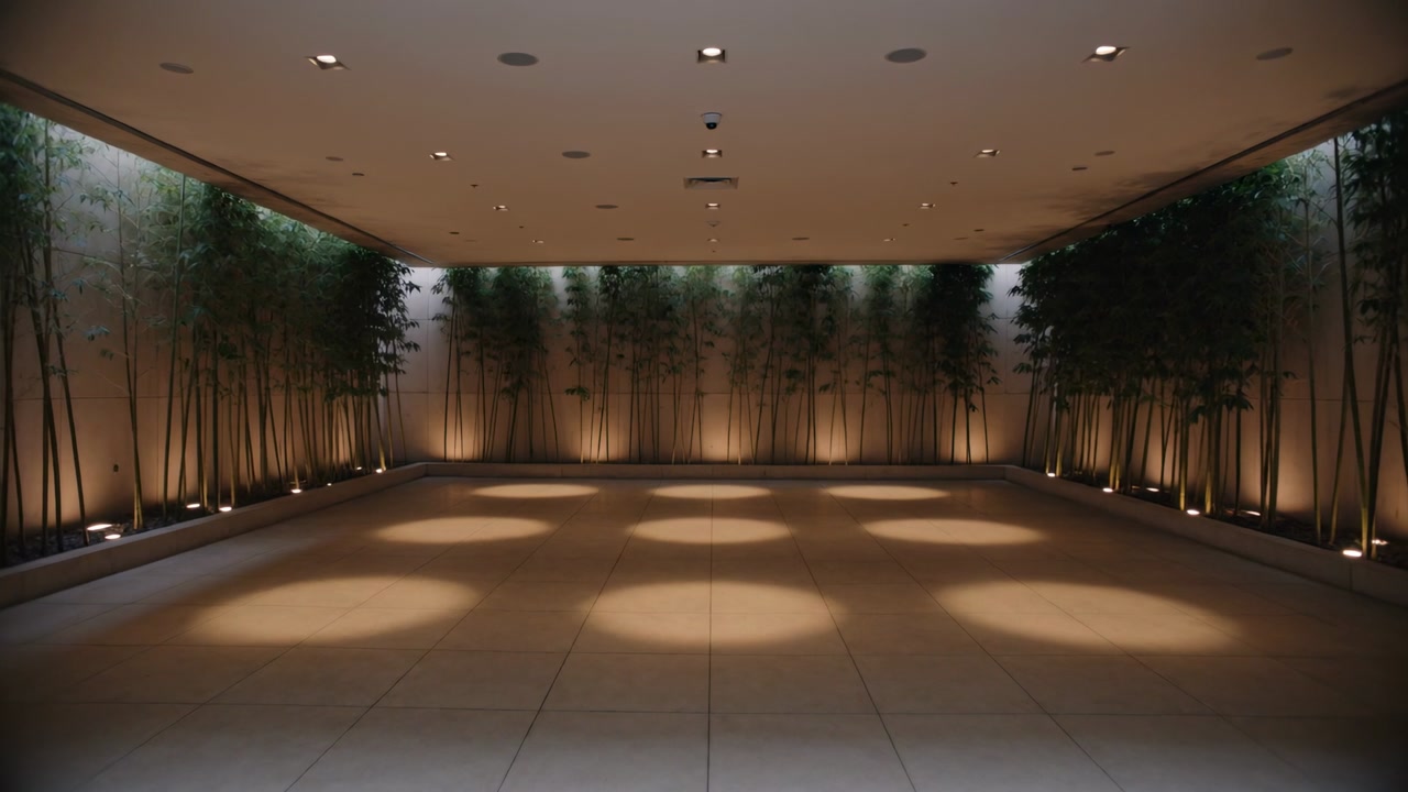 Holding camera capturing empty tiled entrance at covered courtyard, with six spotlights