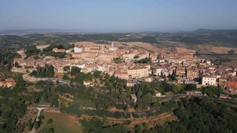 montepulciano, tuscany, italy aerial drone shot approaching the town