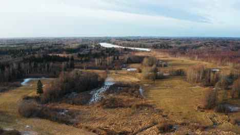 bright evening sunlight aerial view over latvian forest and farmland landscape