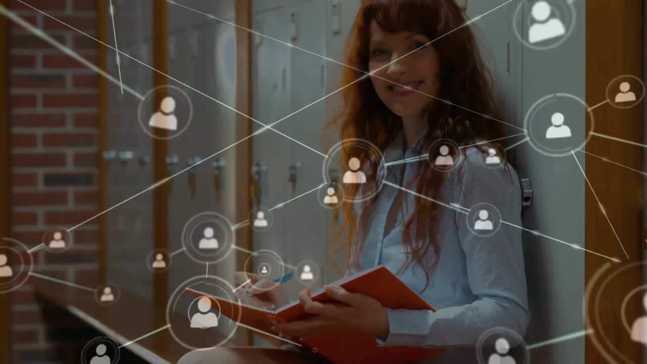 animación de la red de conexiones a través de estudiantes femeninas haciendo notas