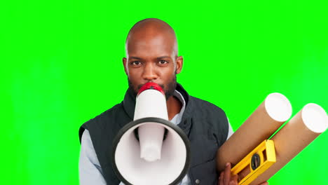 cara, megáfono e ingeniero hombre negro en verde