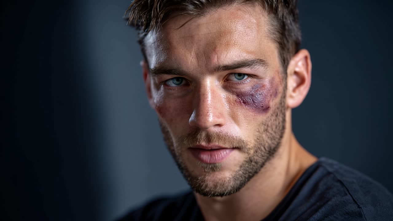 Dunkler Hintergrund. Mann mit blauem Auge. Kopf gesenkt. Ernsthafter Ausdruck. Mögliche Sportverletzung. Emotionale Nachwirkungen. Porträt mit Verletzung. Sportbezogene Nutzung.