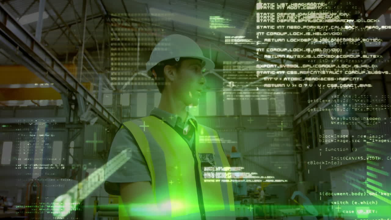 Male engineer wearing safety vest inspecting factory, with green code overlay showing technology