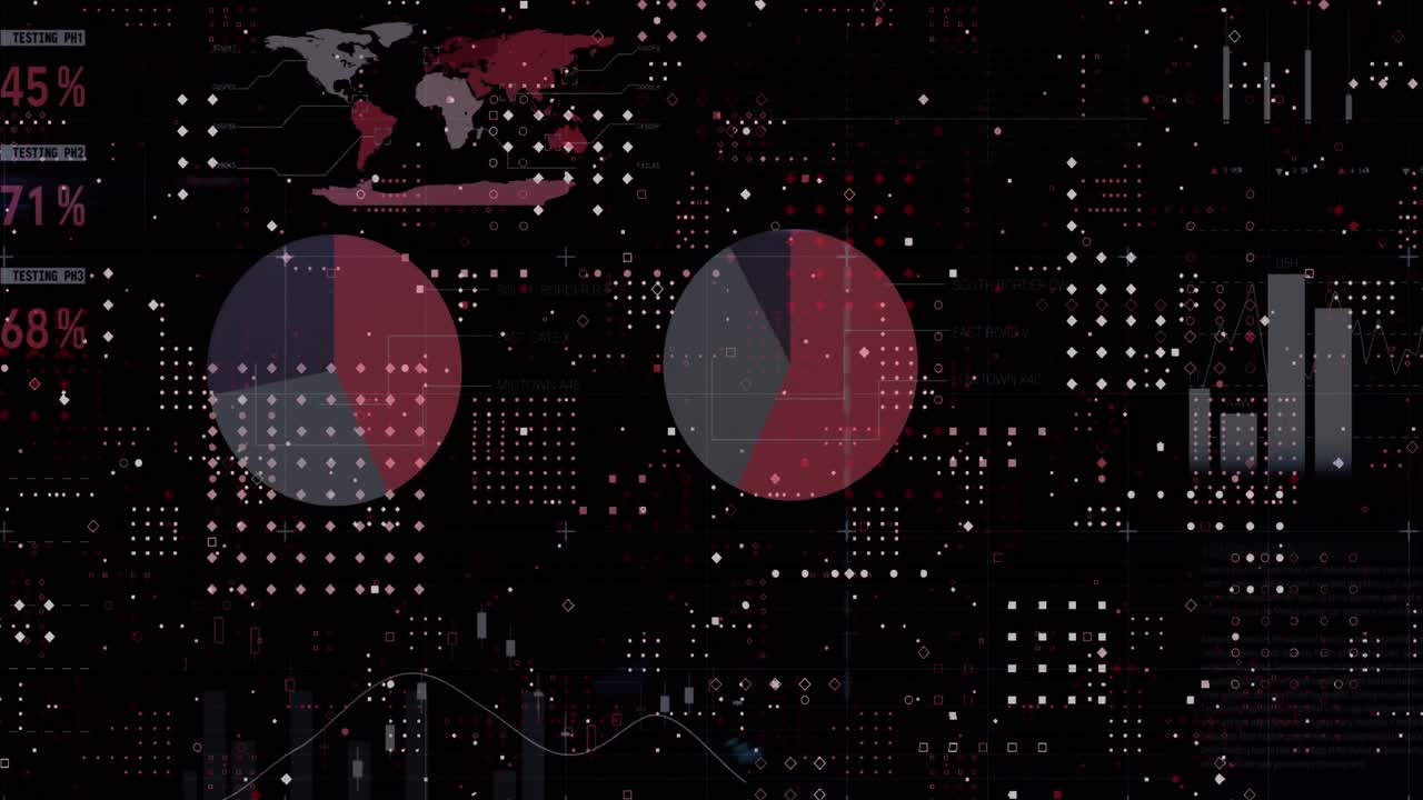 Animation of dots forming abstract pattern over infographic interface against black background