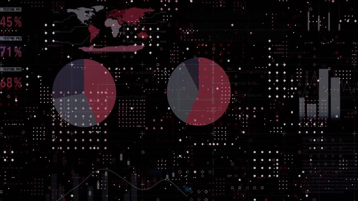 Animation of dots forming abstract pattern over infographic interface against black background