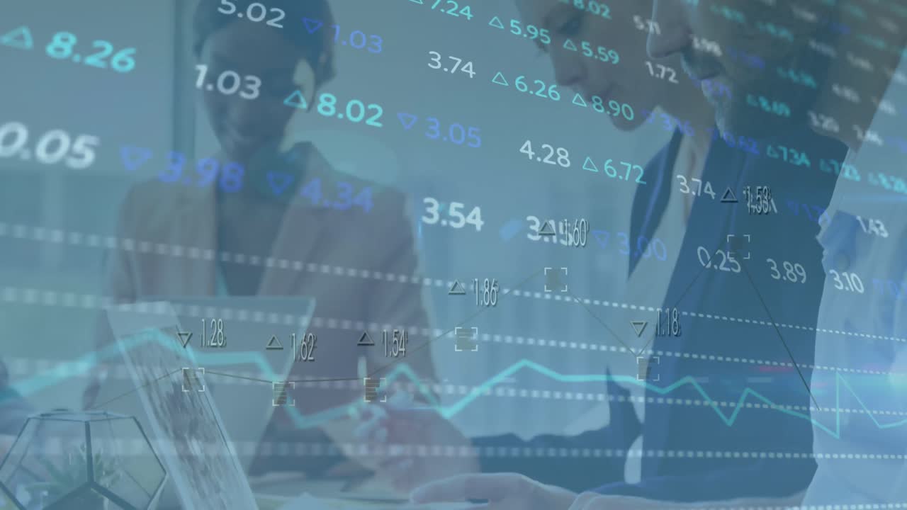 Animation of stock market data processing over diverse businesspeople working at office