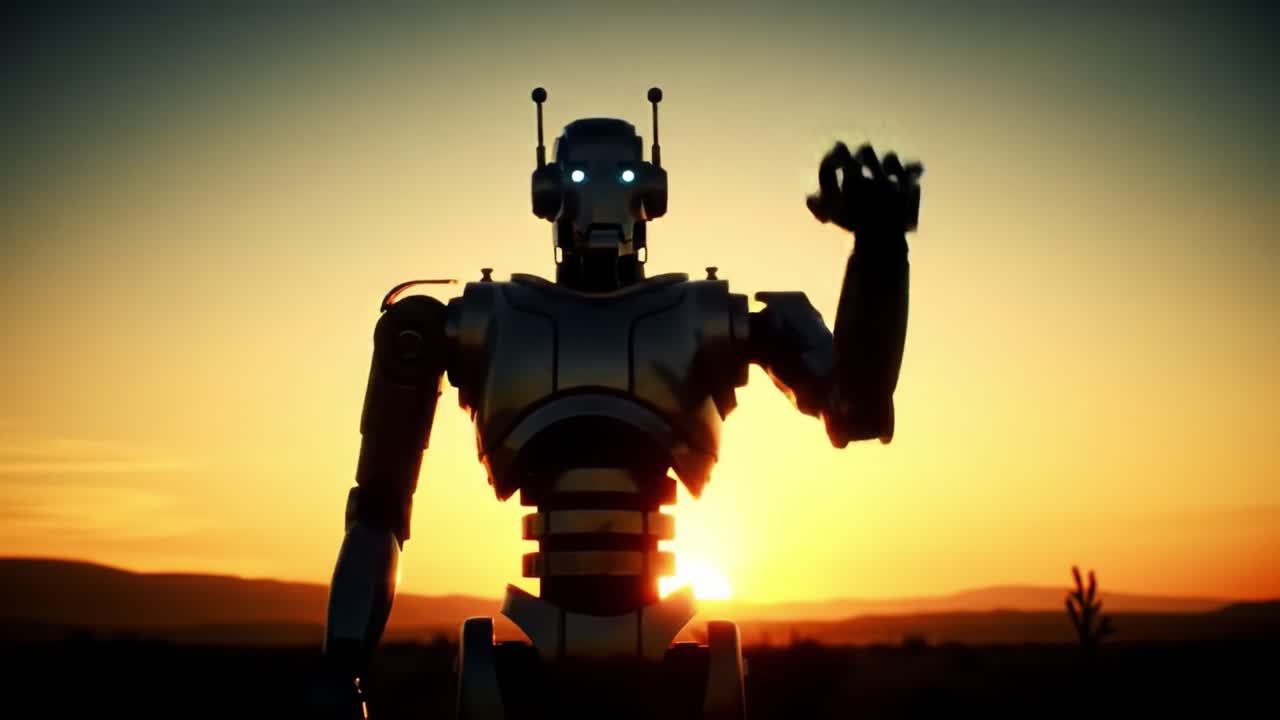 A Futuristic Robot Greets the Sunset, Showcasing Advanced Technology and Design in a Beautiful Natural Landscape with Vibrant Sky Colors