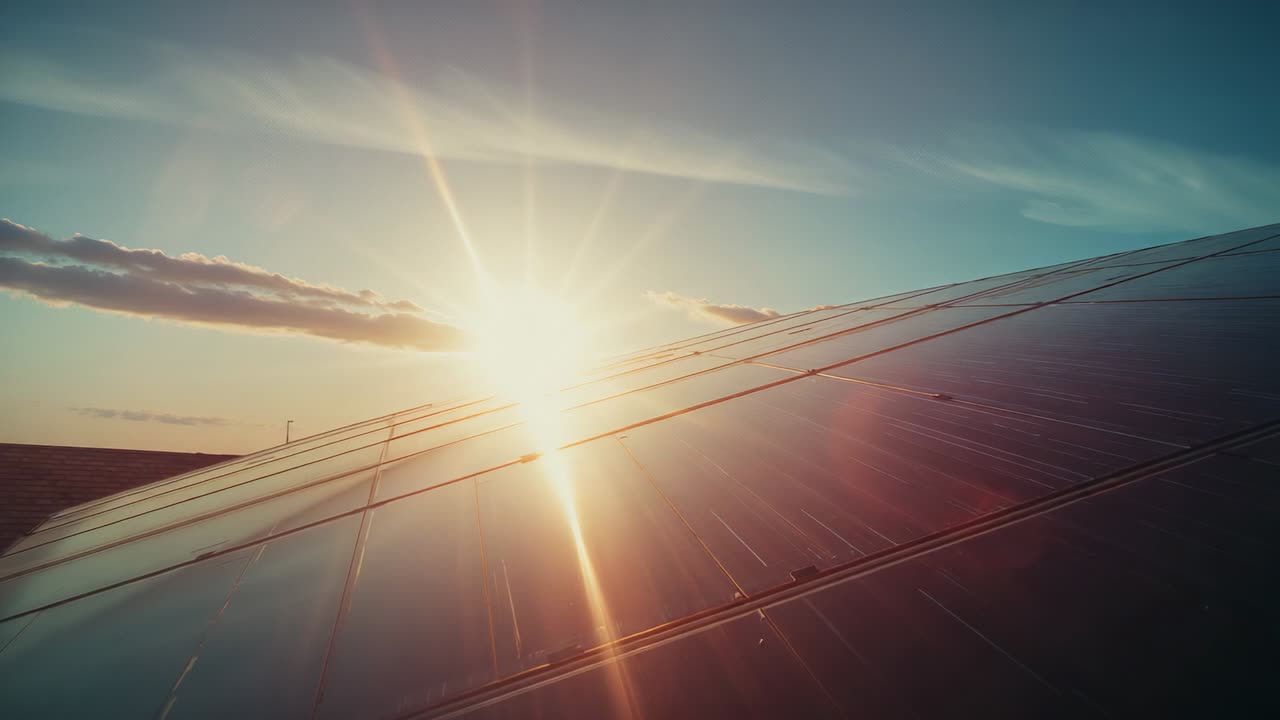 Climbing sun powering photovoltaic panels at solar farm, shifting reflections, lens flare