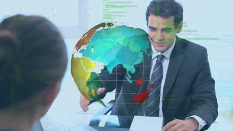 animation of rotating globe and data, over businessman and woman shaking hands