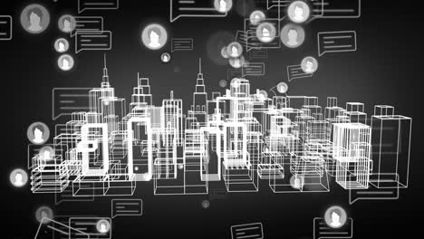 animación de iconos de medios y ciudad en fondo negro