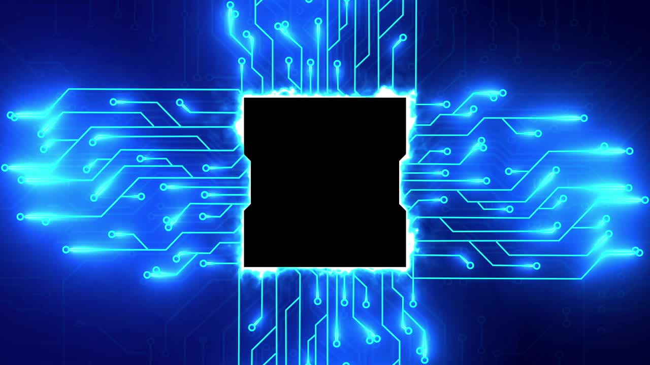 A high-tech animation featuring a glowing CPU at the center of a circuit board. Dynamic light effects simulate the formation of electronic circuits, creating a futuristic and digital feel. Technology