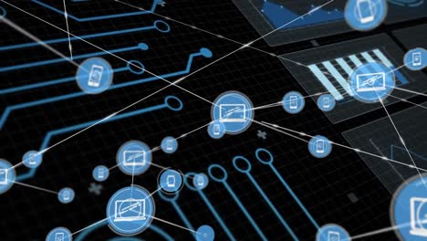 animation of data processing and network of connections over black background