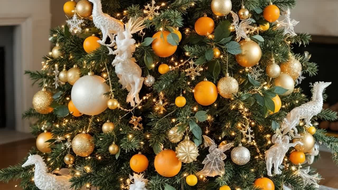 Primo piano di un albero di Natale decorato con ornamenti a forma di cavallo bianco, arance, palline dorate e argentate e luci calde, creando un'atmosfera festosa.