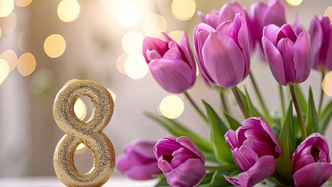 golden number 8 with pink tulips and bokeh lights