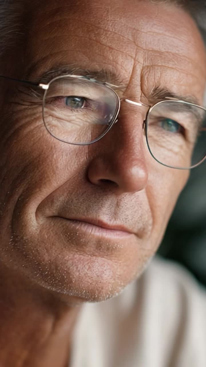 Close-up Portrait of an Elderly Man with Glasses and a Thoughtful Expression, Captured in Two Frames Highlighting His Charming Smile and Wise Gaze